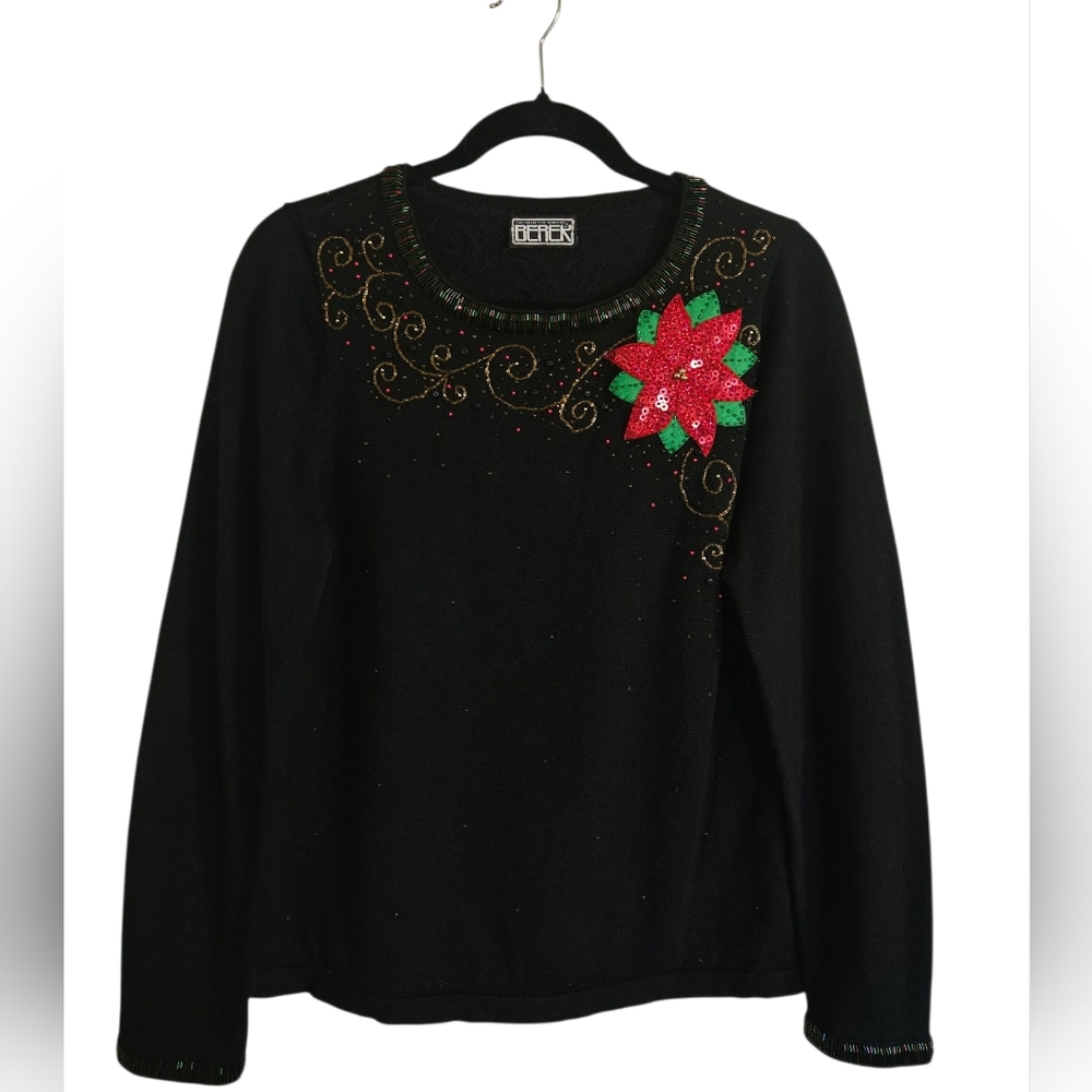 Vintage Berek 2 Black Sequin & Beaded Embellished Holiday Sweater Size M